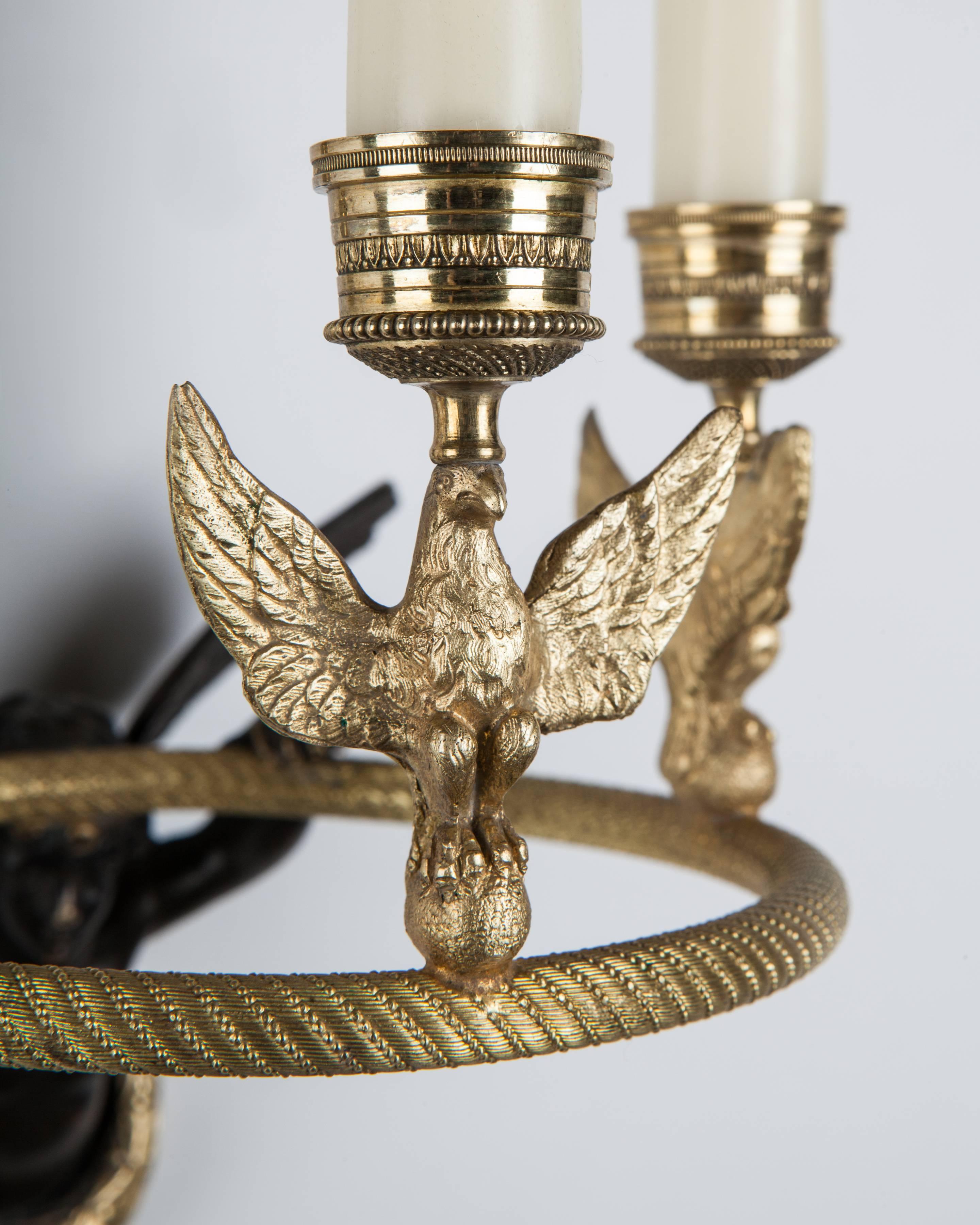 Mid-19th Century Gilded Empire Hoop Sconce for Candles with Winged Figure and Three Eagles, 1860s For Sale