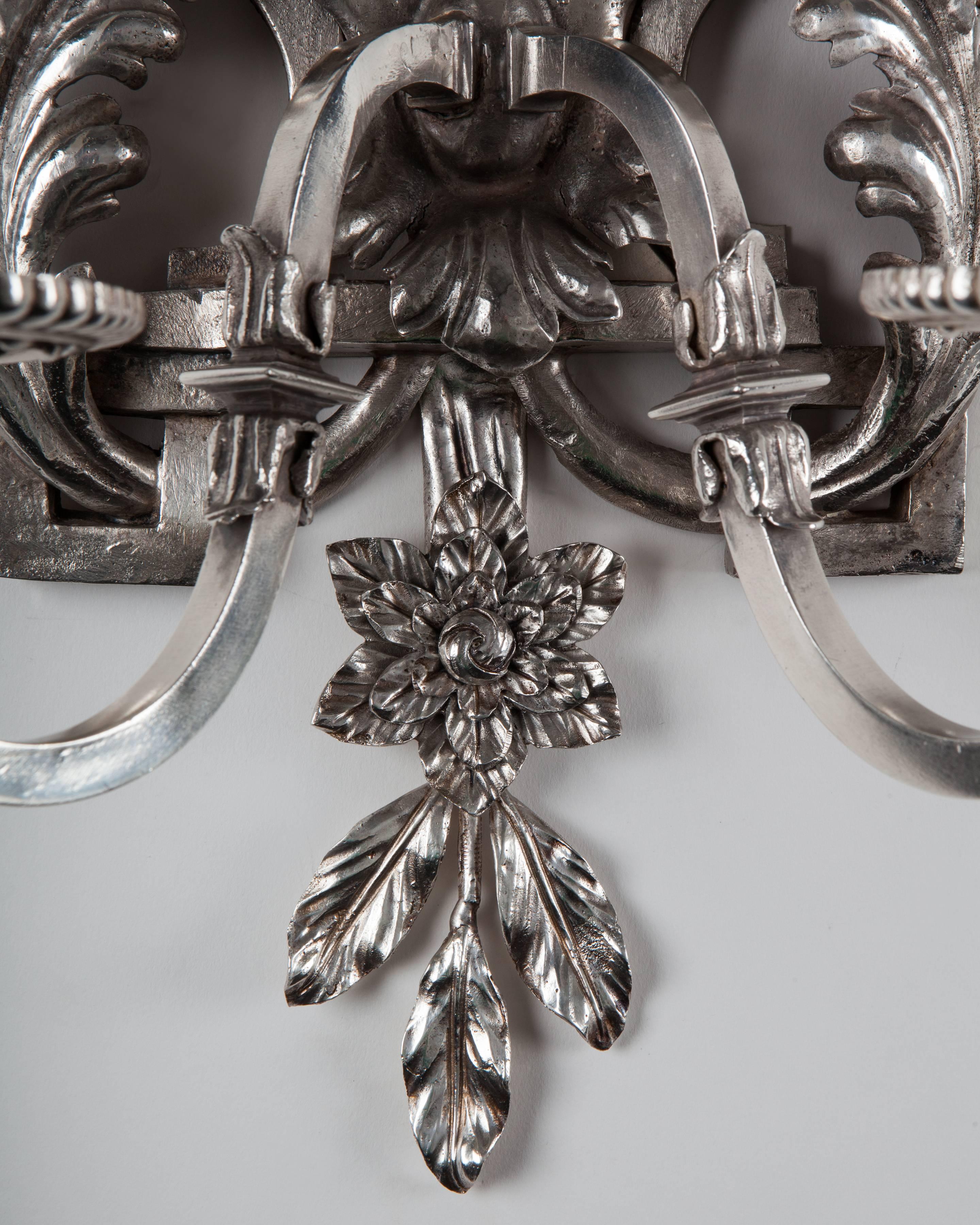 American Edward F. Caldwell Silverplate Sconces with Lyre Form Backplates, circa 1900s For Sale