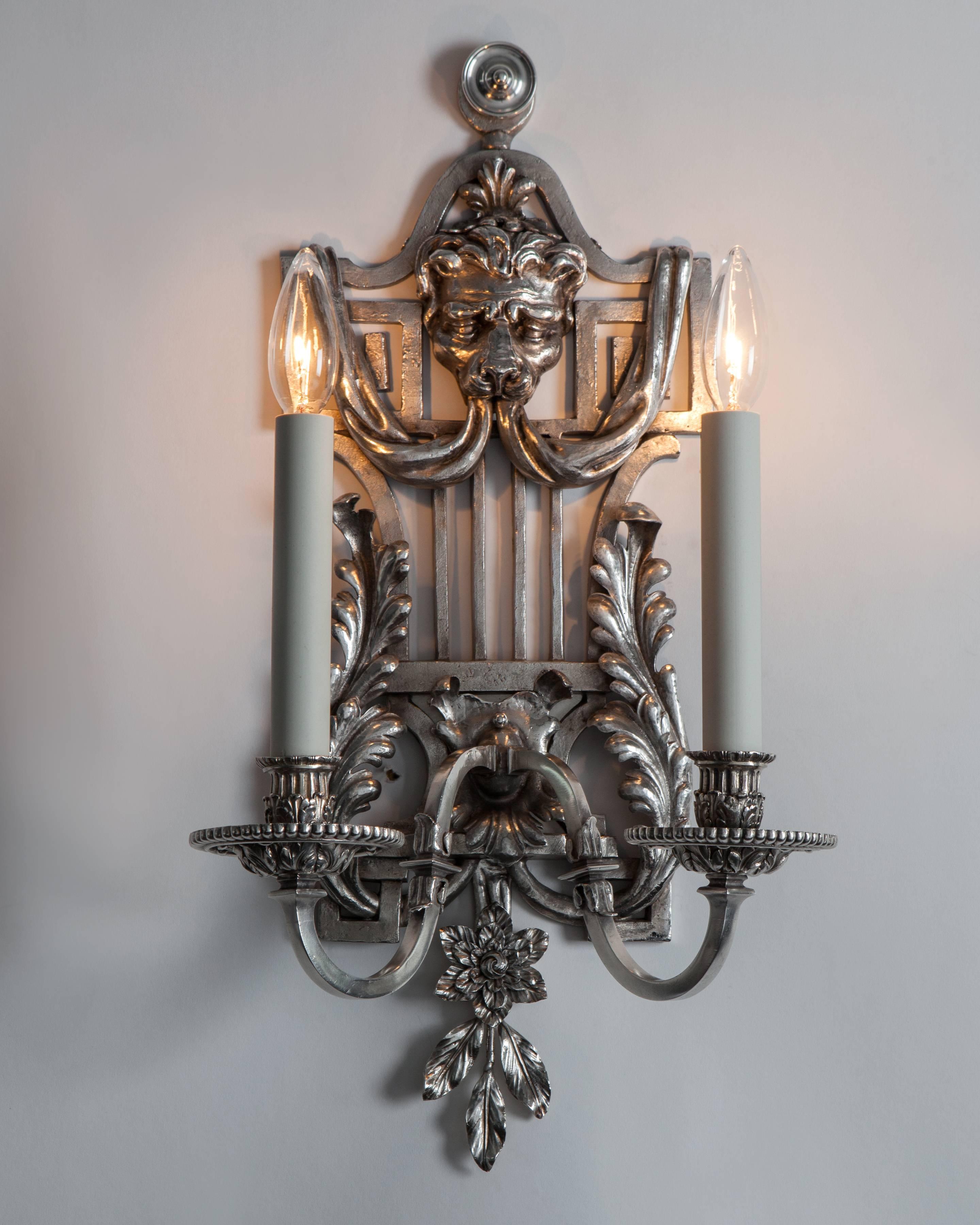 Edward F. Caldwell Silverplate Sconces with Lyre Form Backplates, circa 1900s In Good Condition For Sale In New York, NY