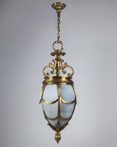 Oval Gilded Bronze Pendant with Curved Frosted Opaline Glass Panels, Circa 1890