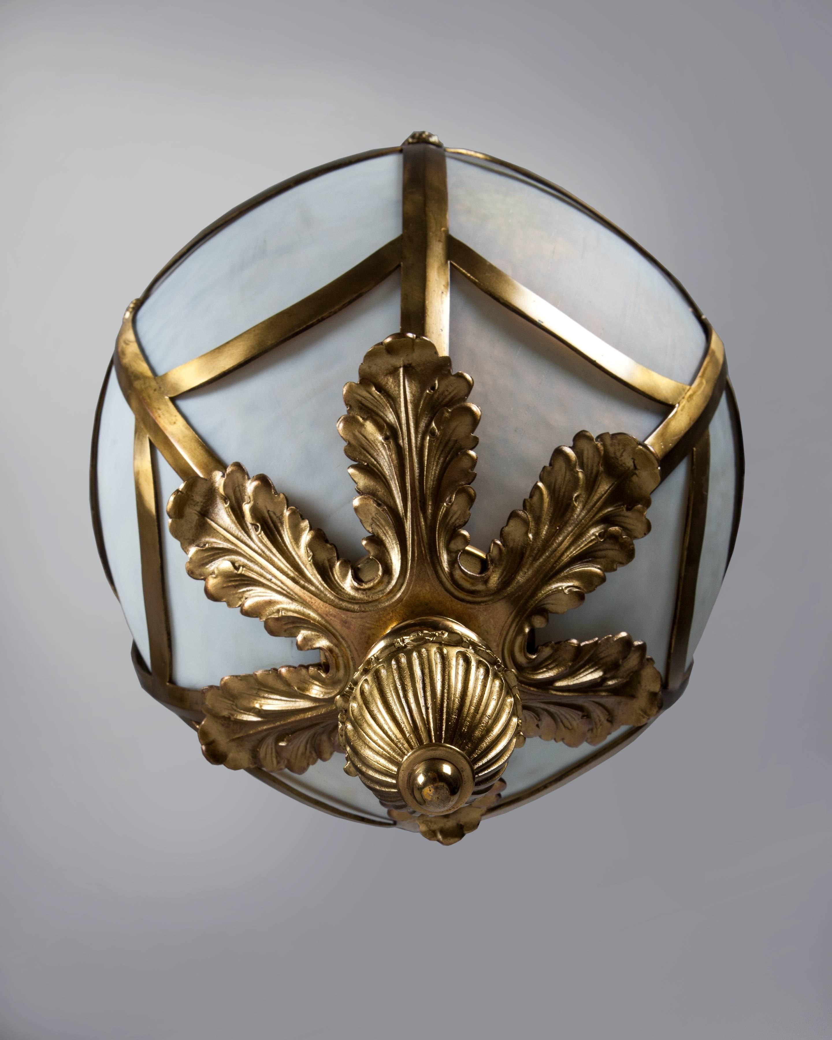 Oval Gilded Bronze Pendant with Curved Frosted Opaline Glass Panels, Circa 1890 In Good Condition For Sale In New York, NY