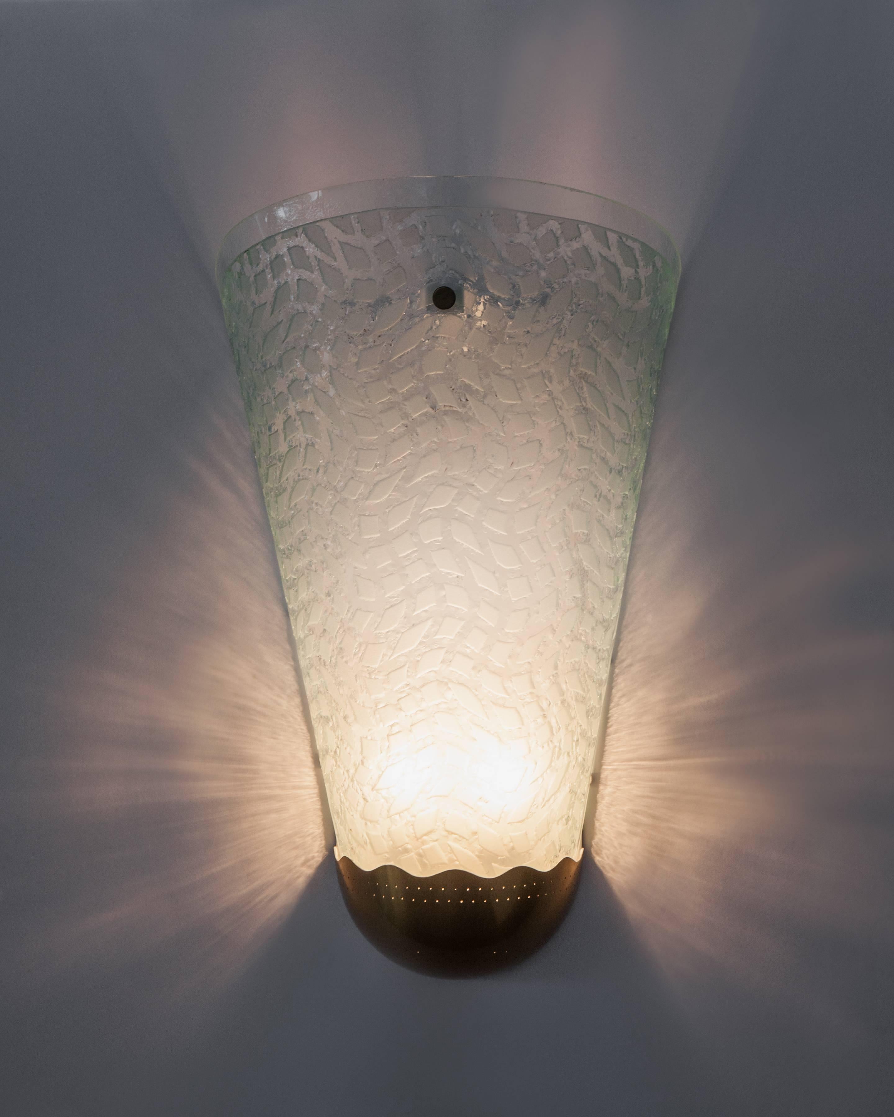 Etched and Textured Glass Sconces by Glossner, Swedish, circa 1940 In Good Condition In New York, NY