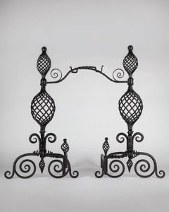 Andirons with Twisted Wrought Iron Bodies, Scroll Feet and Pot Hook Arms c. 1900