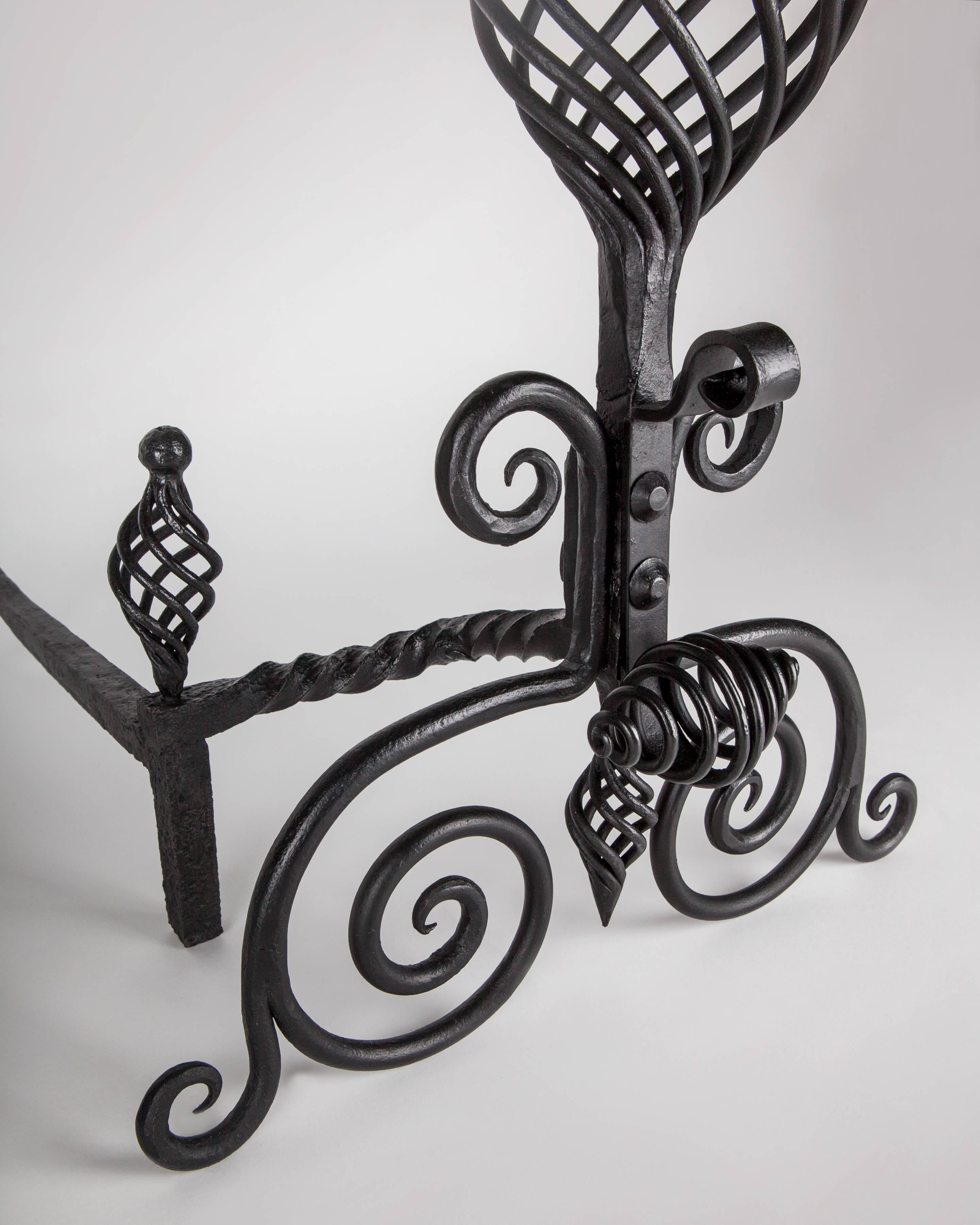 Arts and Crafts Andirons with Twisted Wrought Iron Bodies, Scroll Feet and Pot Hook Arms c. 1900 For Sale