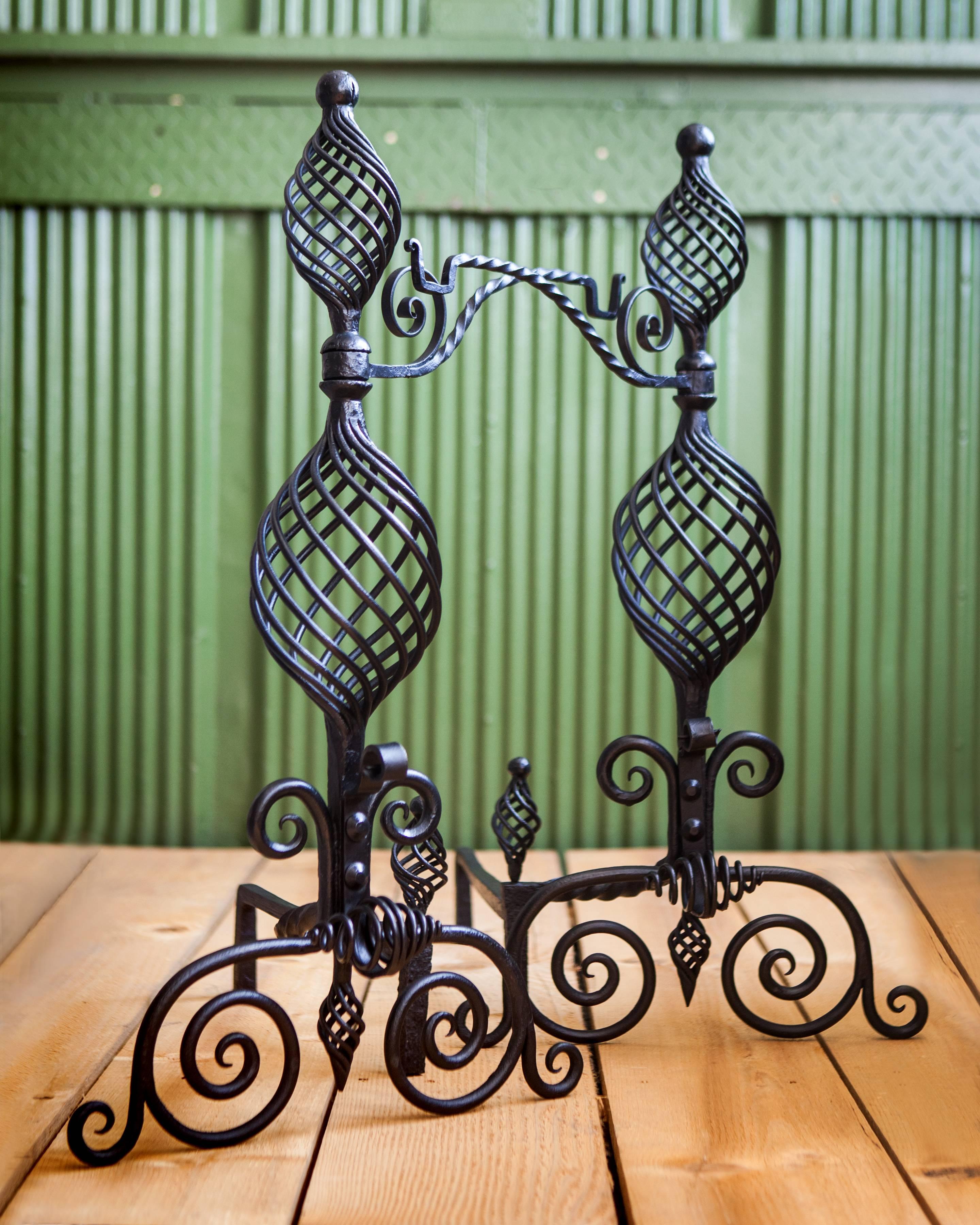 American Andirons with Twisted Wrought Iron Bodies, Scroll Feet and Pot Hook Arms c. 1900 For Sale