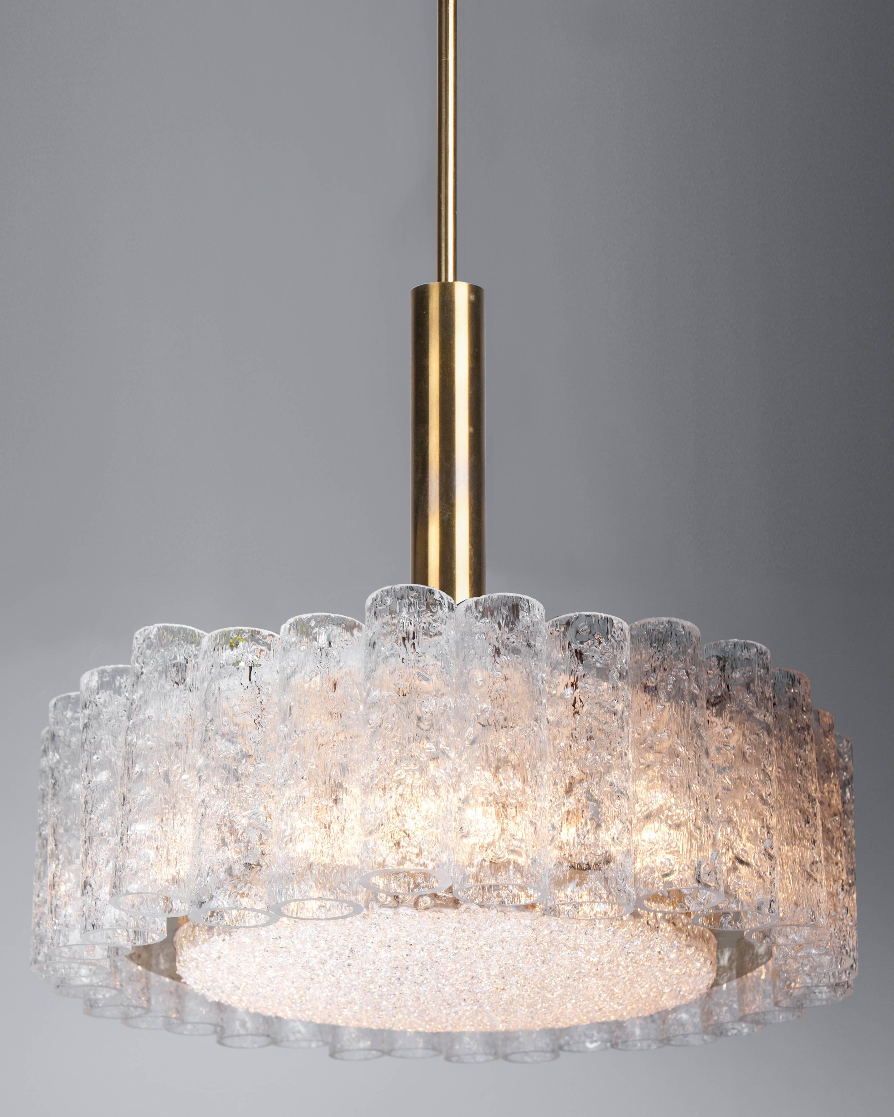 Mid-Century Modern Cylindrical Textured Glass Tube Pendant by Doria Leuchten, Circa 1950