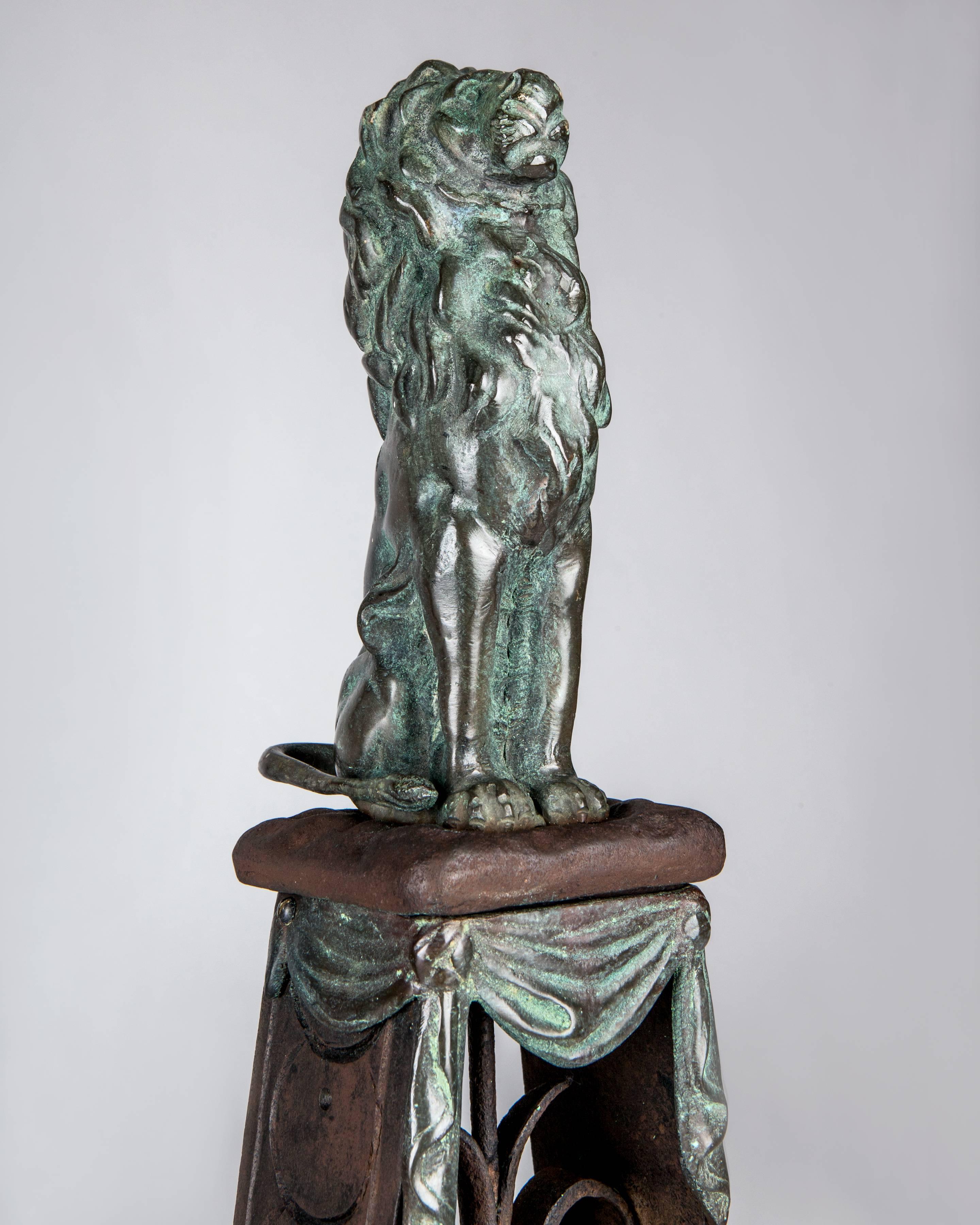 Georgian Wrought Iron Andirons with Cast Bronze Lions in a Verdigris Patina, Circa 1910s For Sale