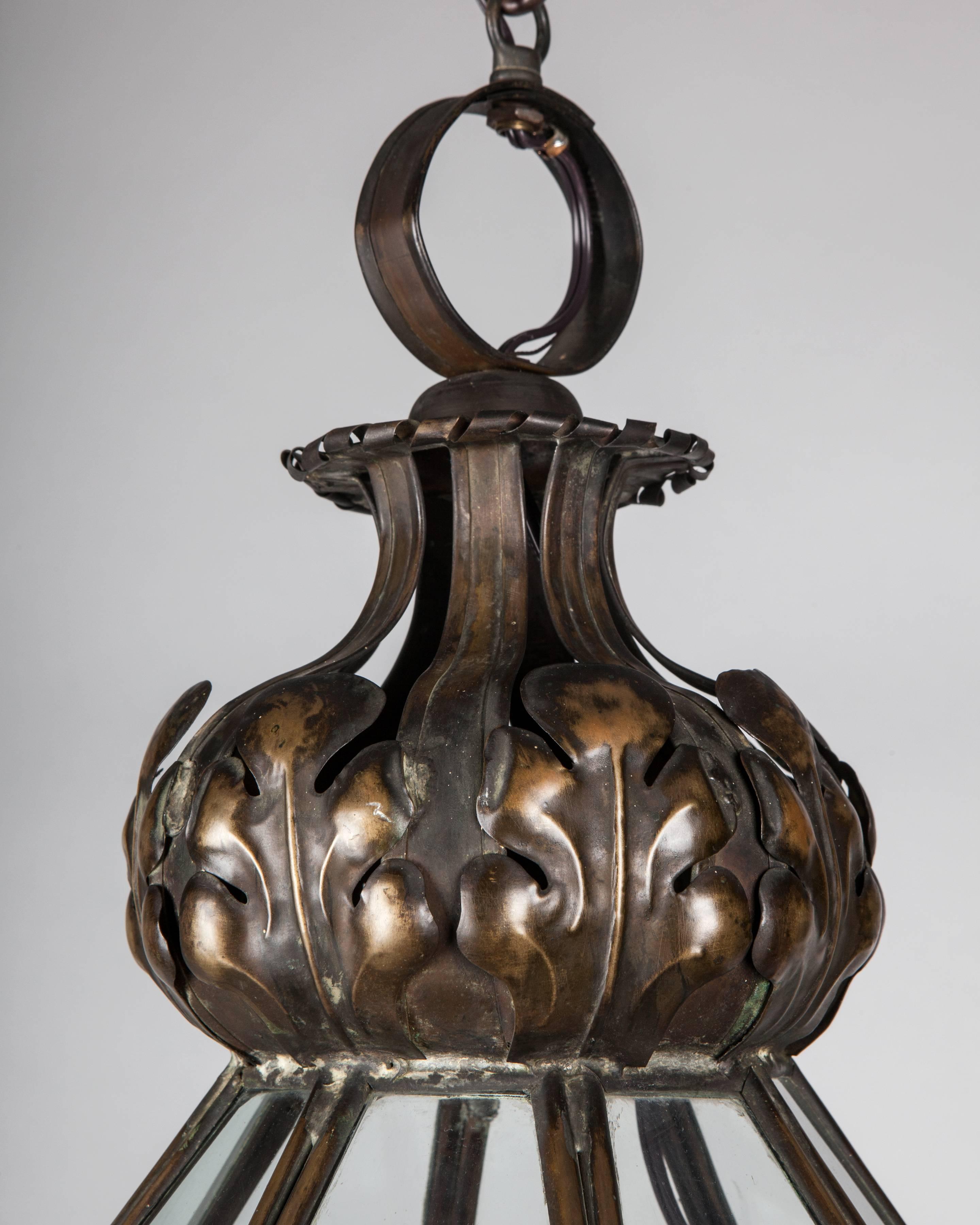 Repoussé 1910s Brass Lantern with Repousee Leaves, Foliate Scrolls and Clear Glass Panels For Sale