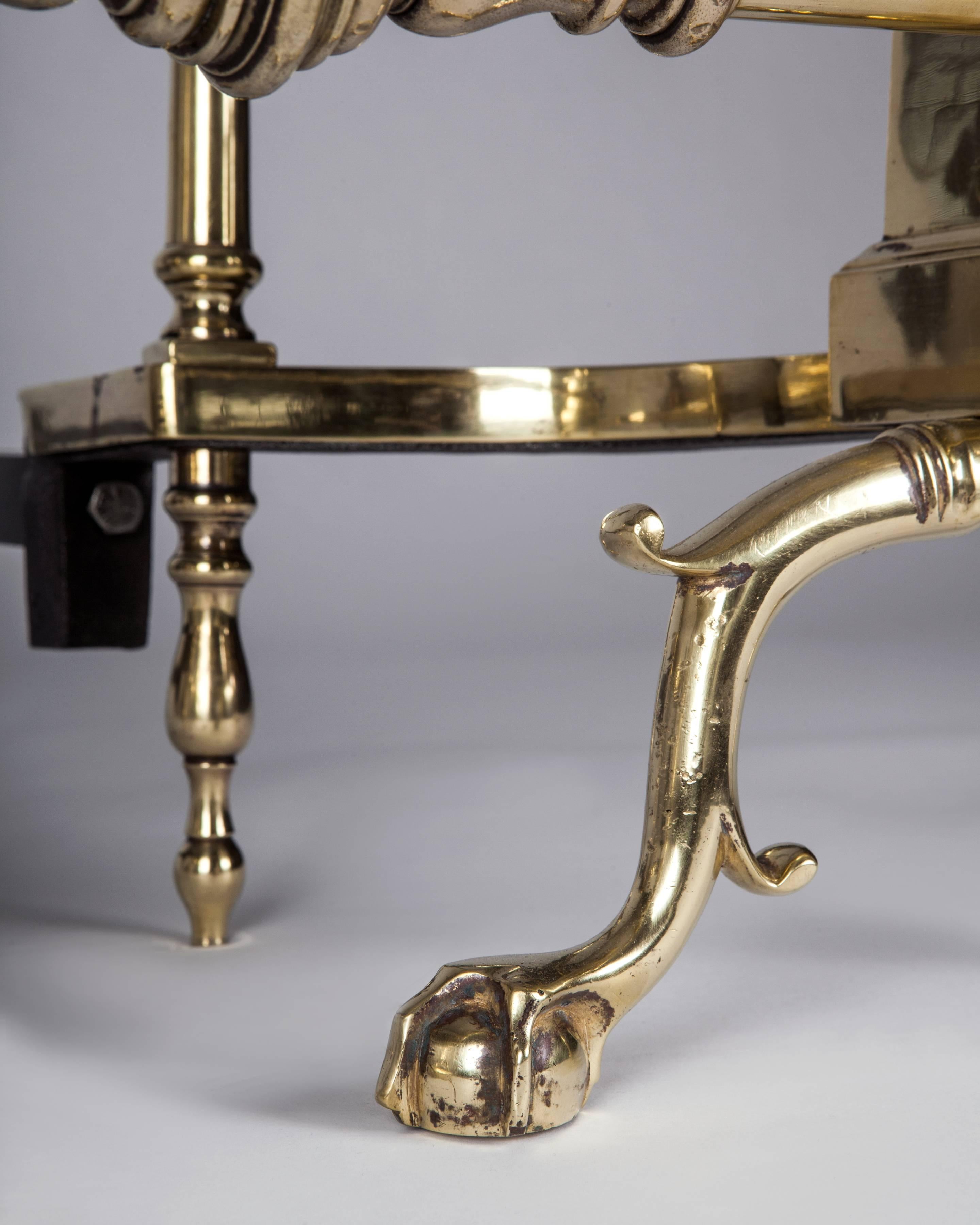Cast Brass Andirons with Fluted Corinthian Columns and Urn Form Finials, Circa 1920s For Sale