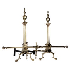 Antique Brass Andirons with Fluted Corinthian Columns and Urn Form Finials, Circa 1920s