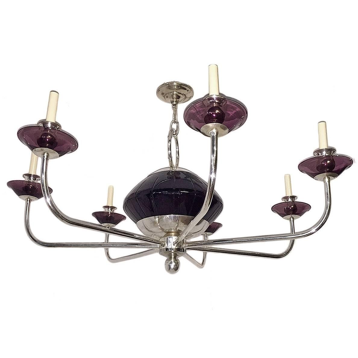 Italian circa 1960s silver plated chandelier with amethyst glass body and bobeches. Seven lights.