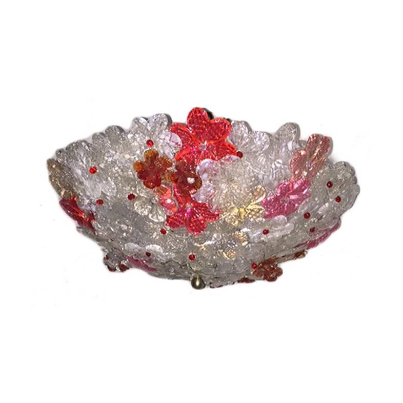 A Italian red, pink and clear glass flower light fixture with three interior lights, circa 1930s. Pristine condition, rewired.

Measurements:
Diameter 18