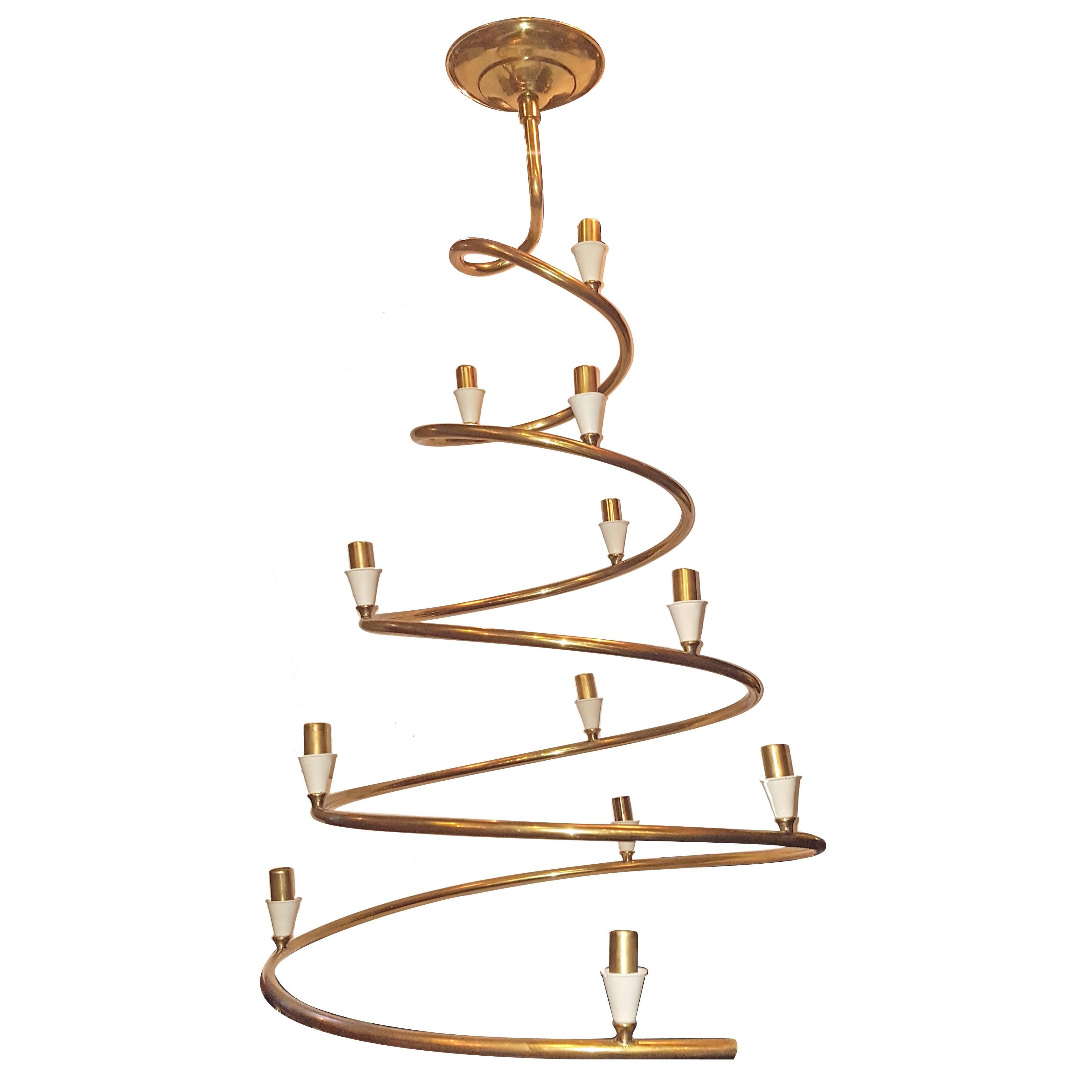 Pair of Moderne Bronze Spiral Chandeliers, Sold Individually For Sale