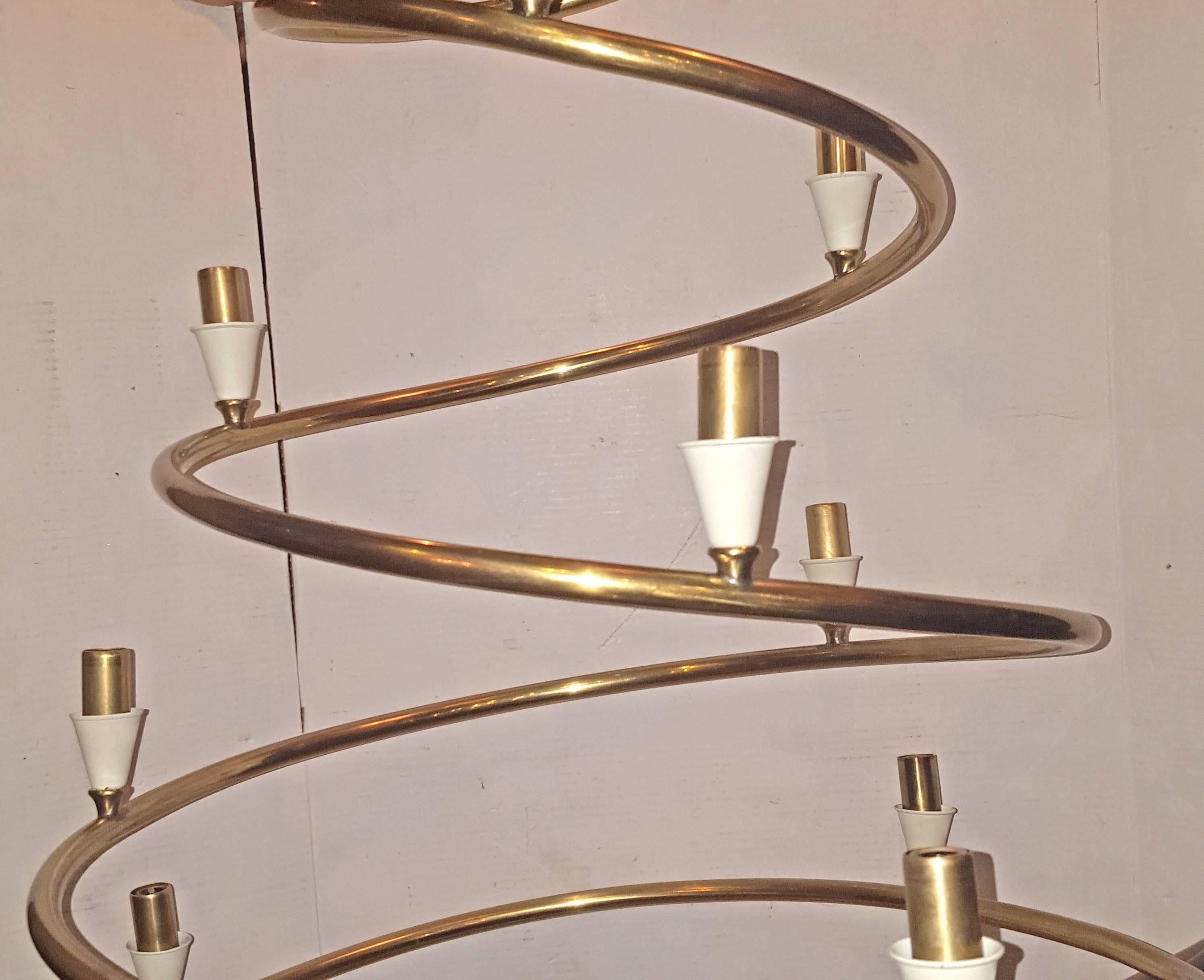 Italian Pair of Moderne Bronze Spiral Chandeliers, Sold Individually For Sale