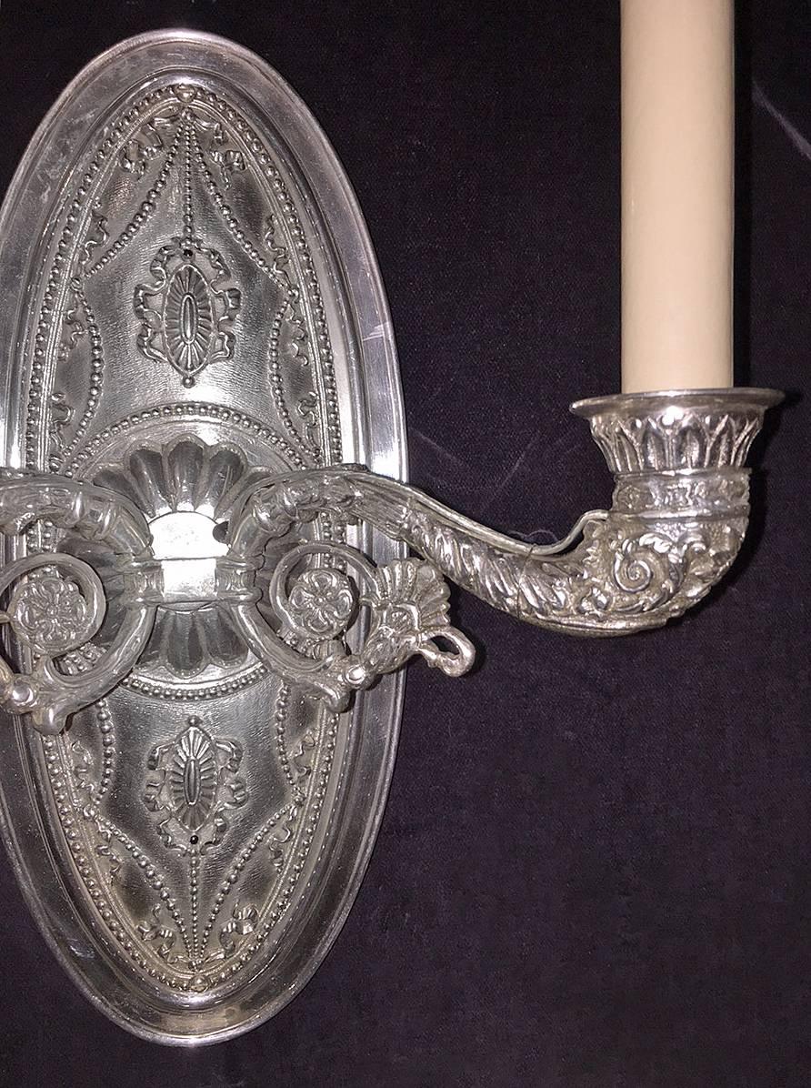 French Pair of Silver Plated Sconces For Sale