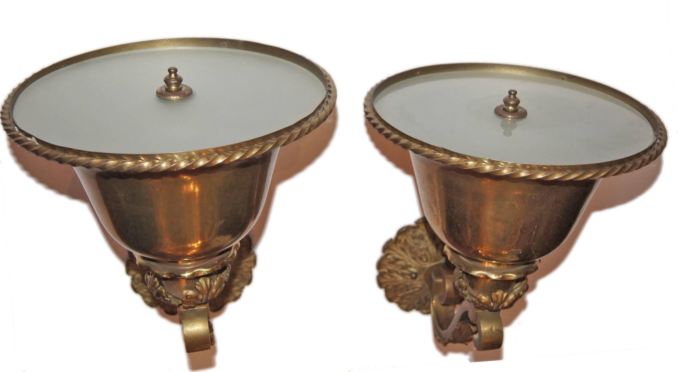 Mid-20th Century Pair of Bronze Uplight Sconces For Sale