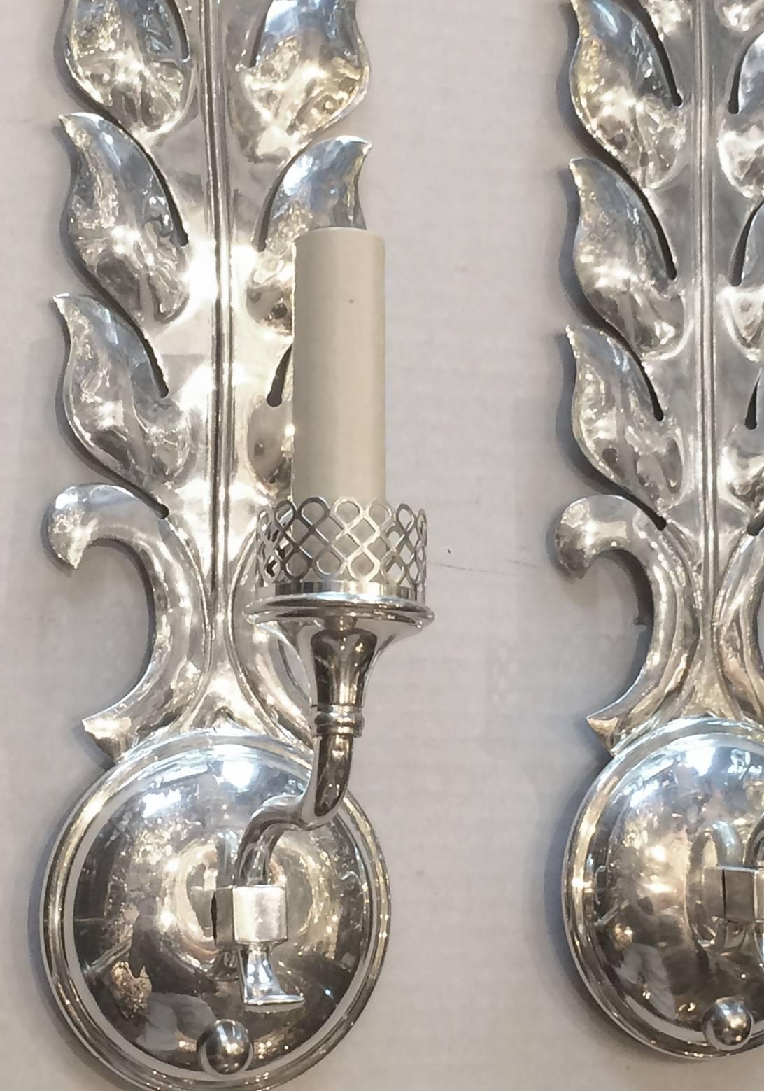 Set of six, circa 1920s Italian single light silver plated sconces with foliage motif.

Measurements:
16