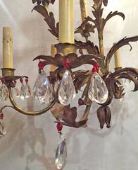 Gilt Metal Chandelier with Clear and Red Beads