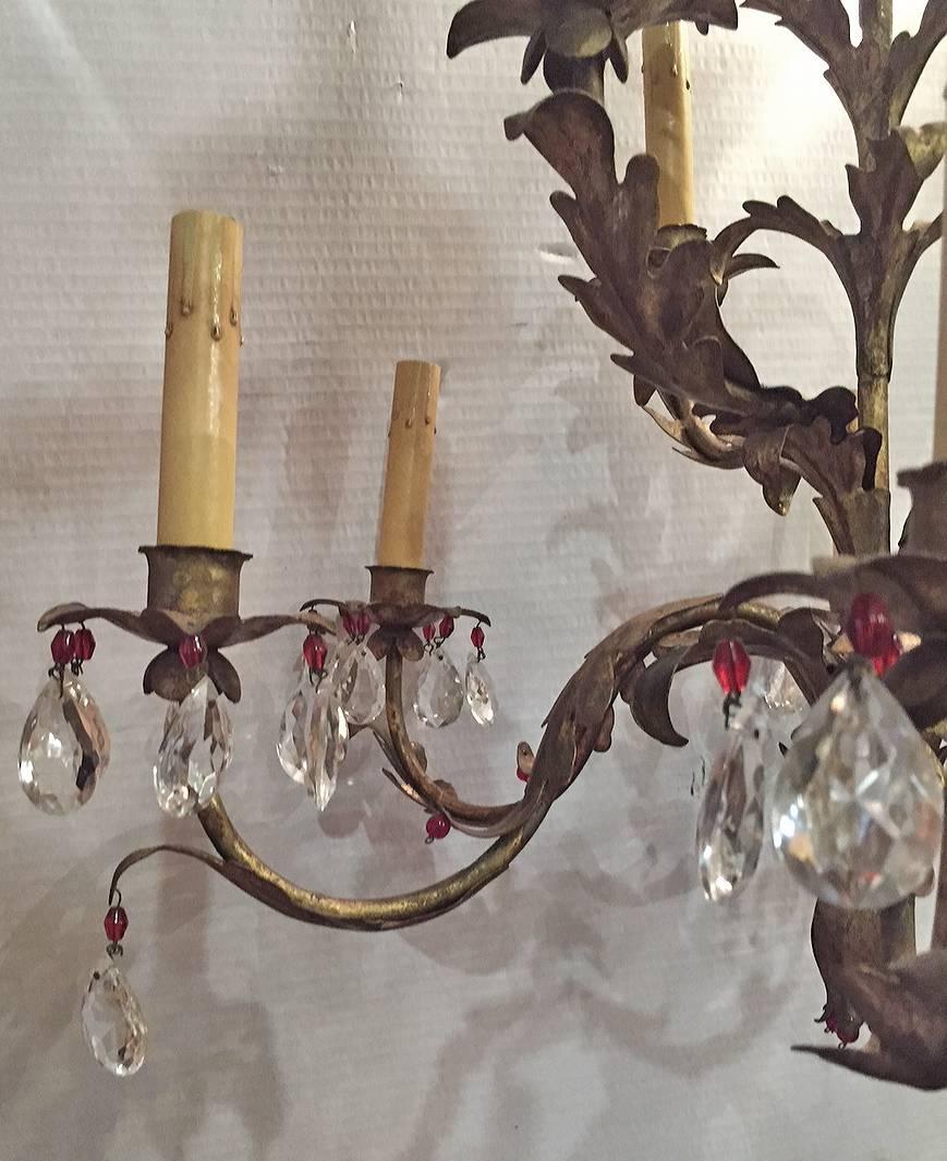 Gilt Metal Chandelier with Clear and Red Beads In Excellent Condition For Sale In New York, NY