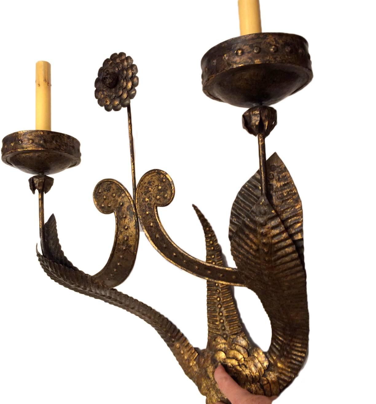 Italian Pair of Large Gilt Iron Sconces For Sale