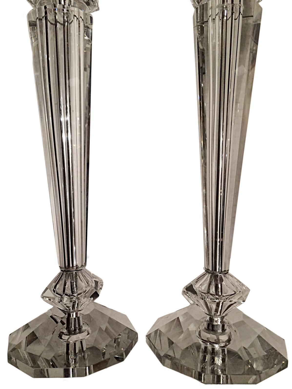Pair of 1930s French cut-glass table lamps, column shaped.
16.5