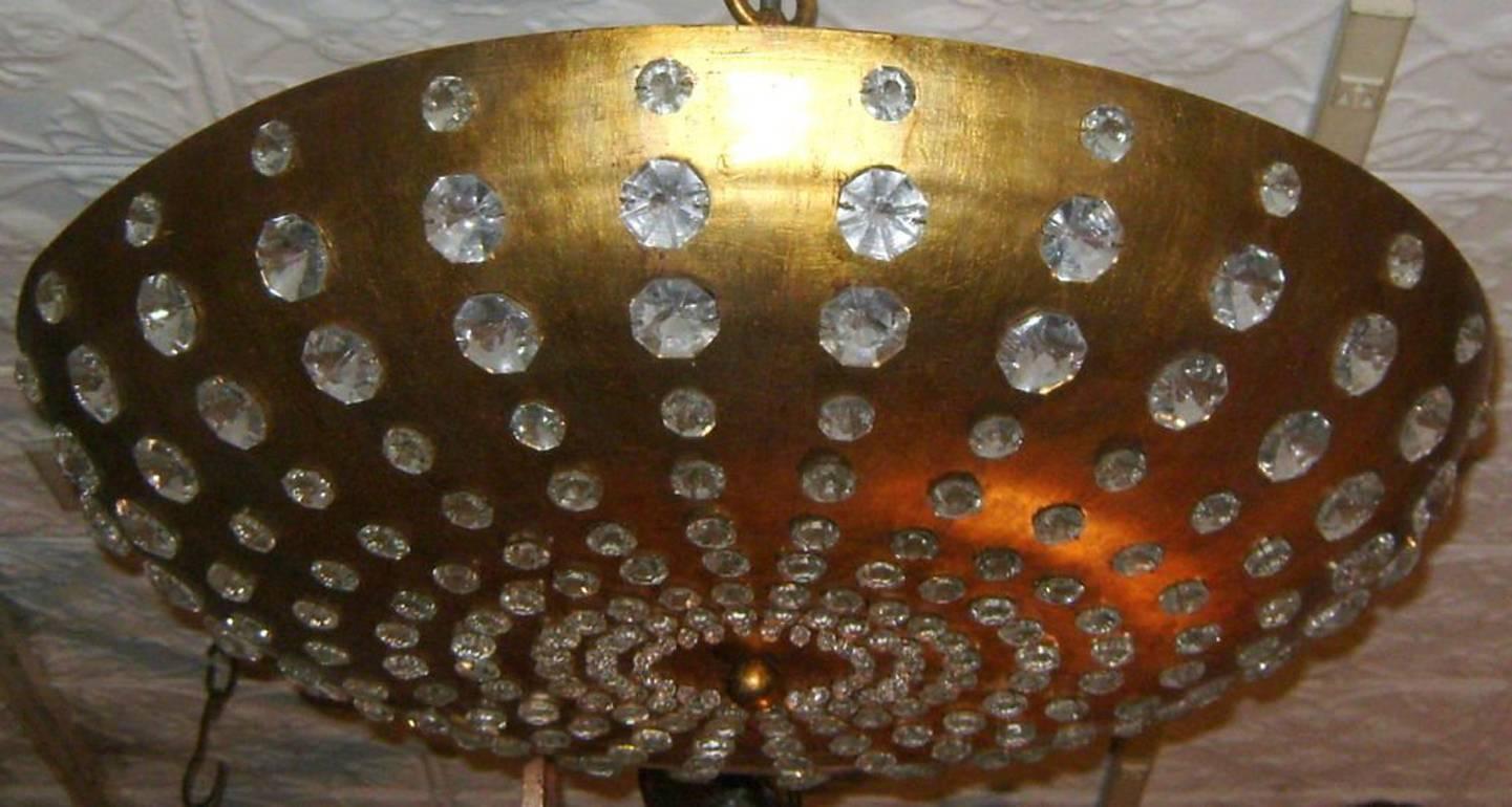 Mid-20th Century Gilt Metal & Inset Crystal Light Fixture For Sale