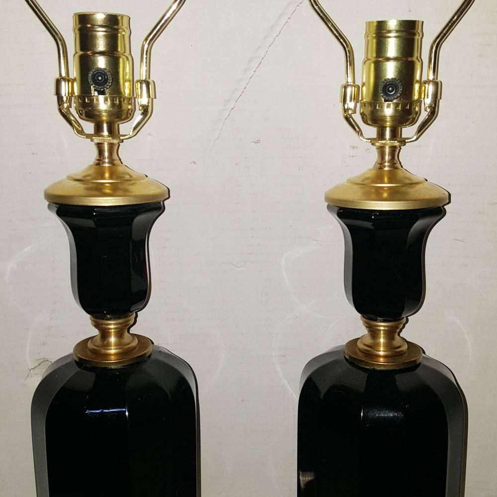 French Pair of Black Porcelain Table Lamps For Sale