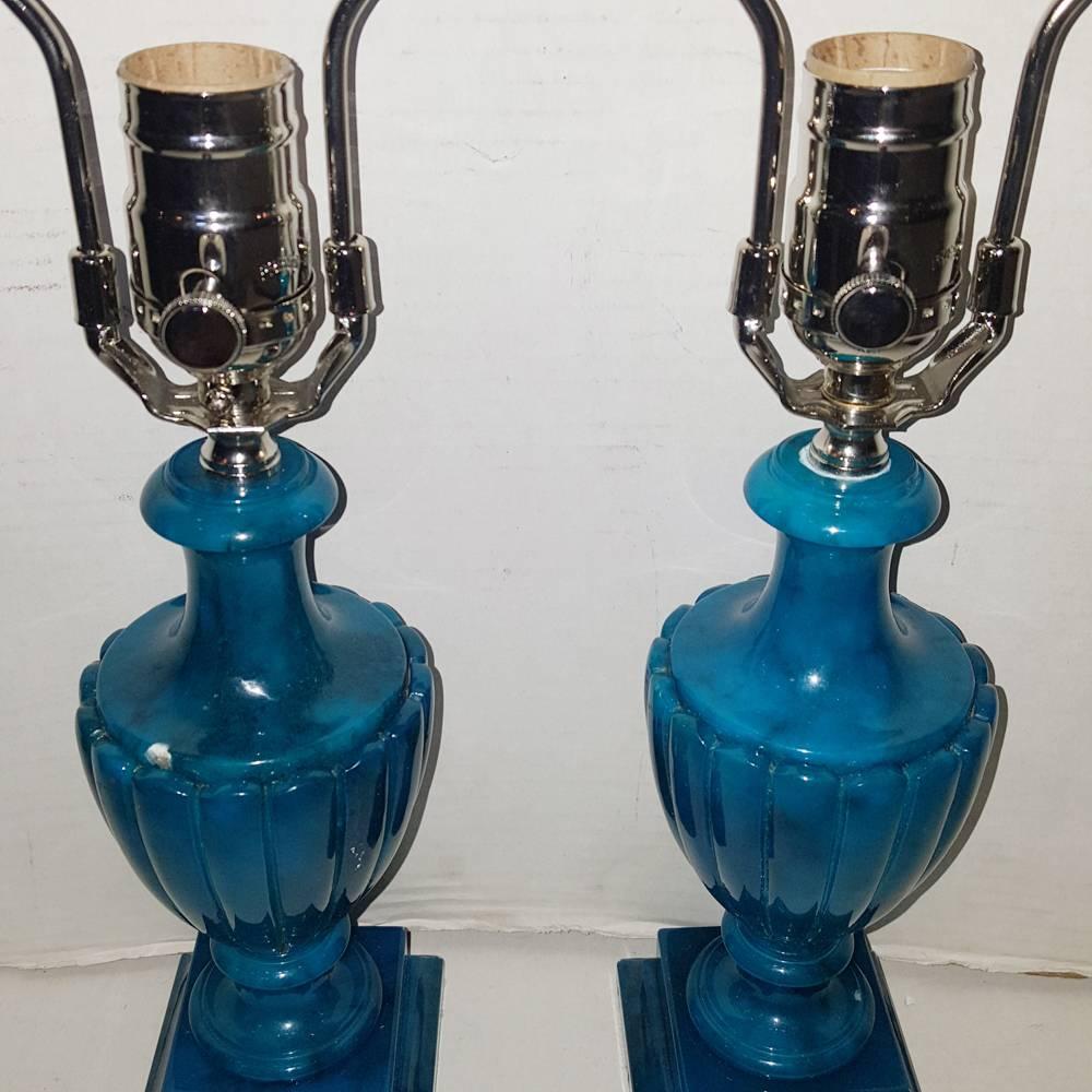 Pair of Blue Alabaster Table Lamps In Excellent Condition For Sale In New York, NY