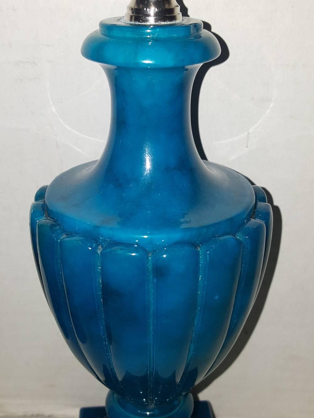 Italian Pair of Blue Alabaster Table Lamps For Sale
