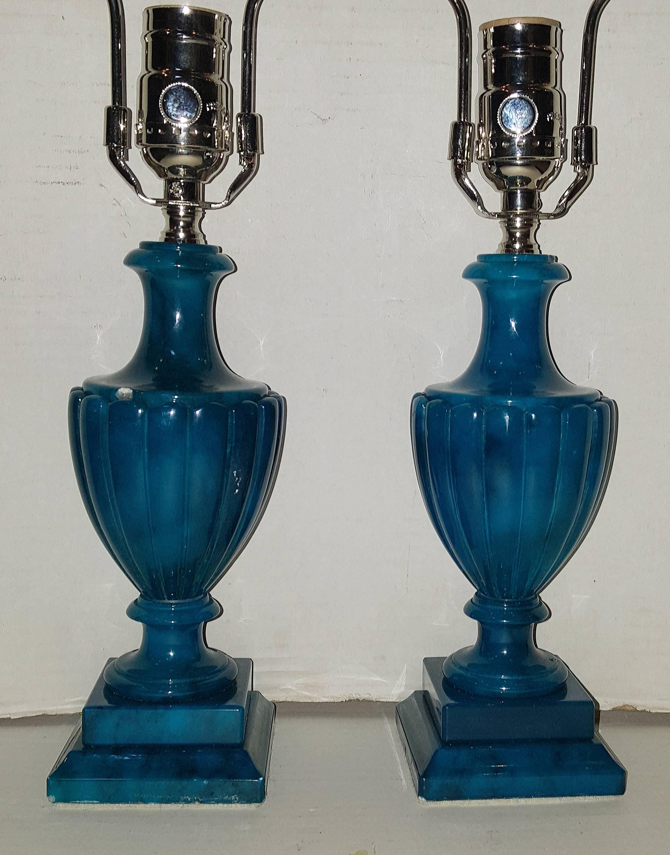 Pair of Blue Alabaster Table Lamps For Sale 1