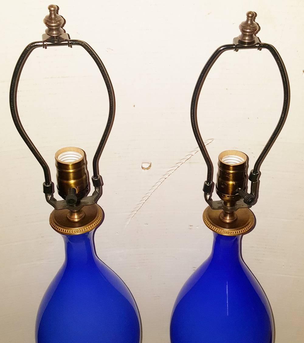 Pair of Blue Opaline Table Lamps In Good Condition For Sale In New York, NY