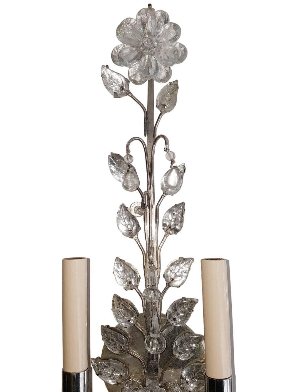 Pair of French silver plated two-light sconces with crystal flowers and molded and mirrored leaves. Original finish.

Measurements:
Height 21.5