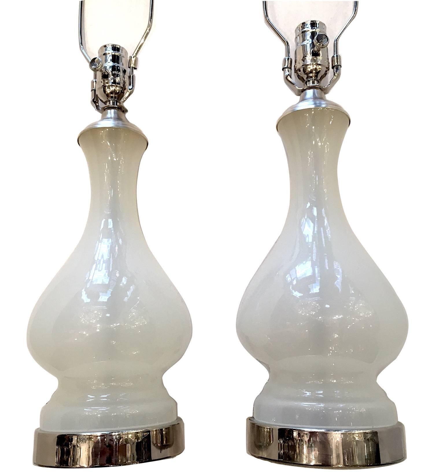 Silvered White Opaline Glass Table Lamps For Sale
