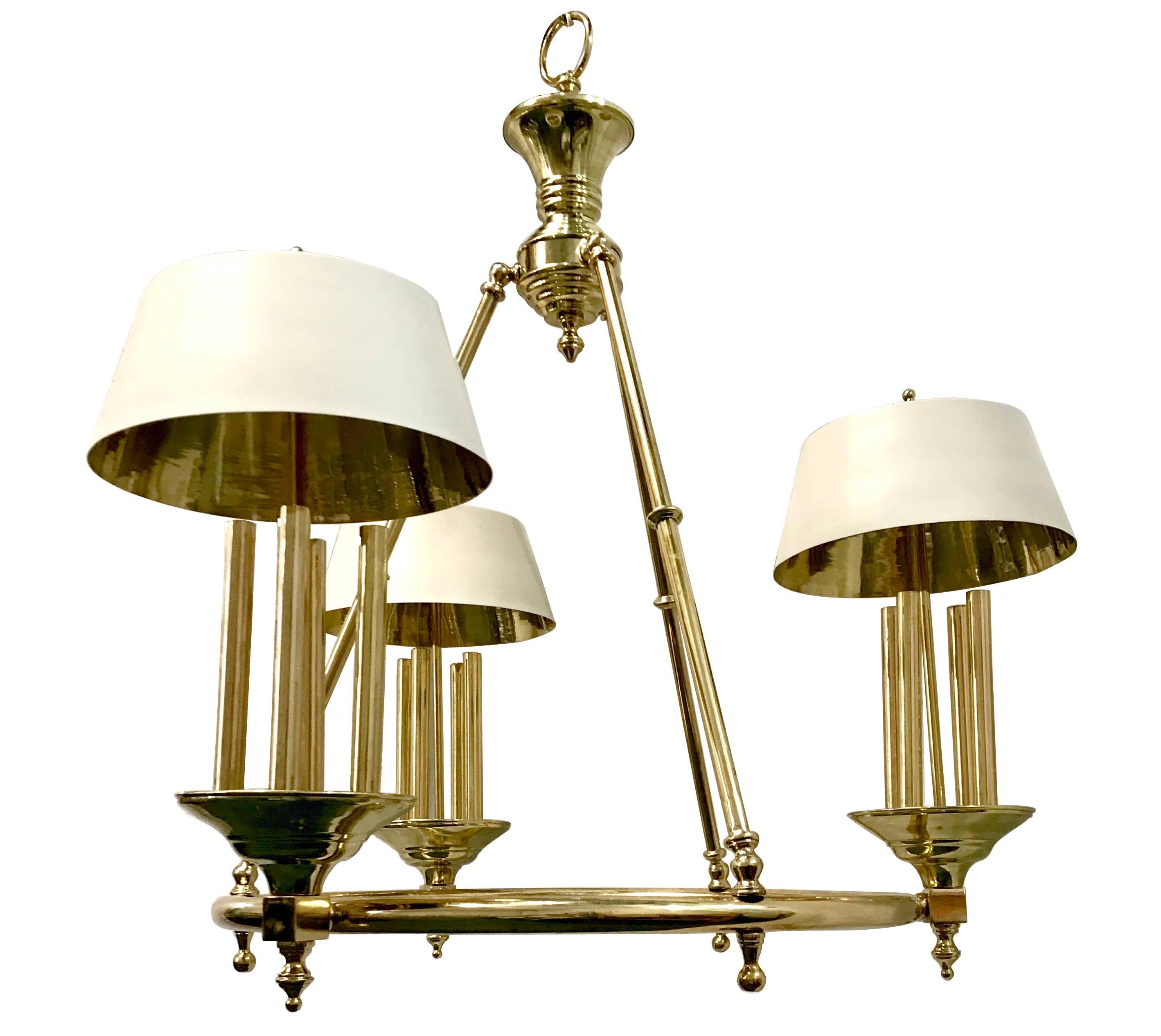 French circa 1950's gilt bronze chandelier with painted tole lamps, 12 lights. Body supported by three rods.

Measurements:
44