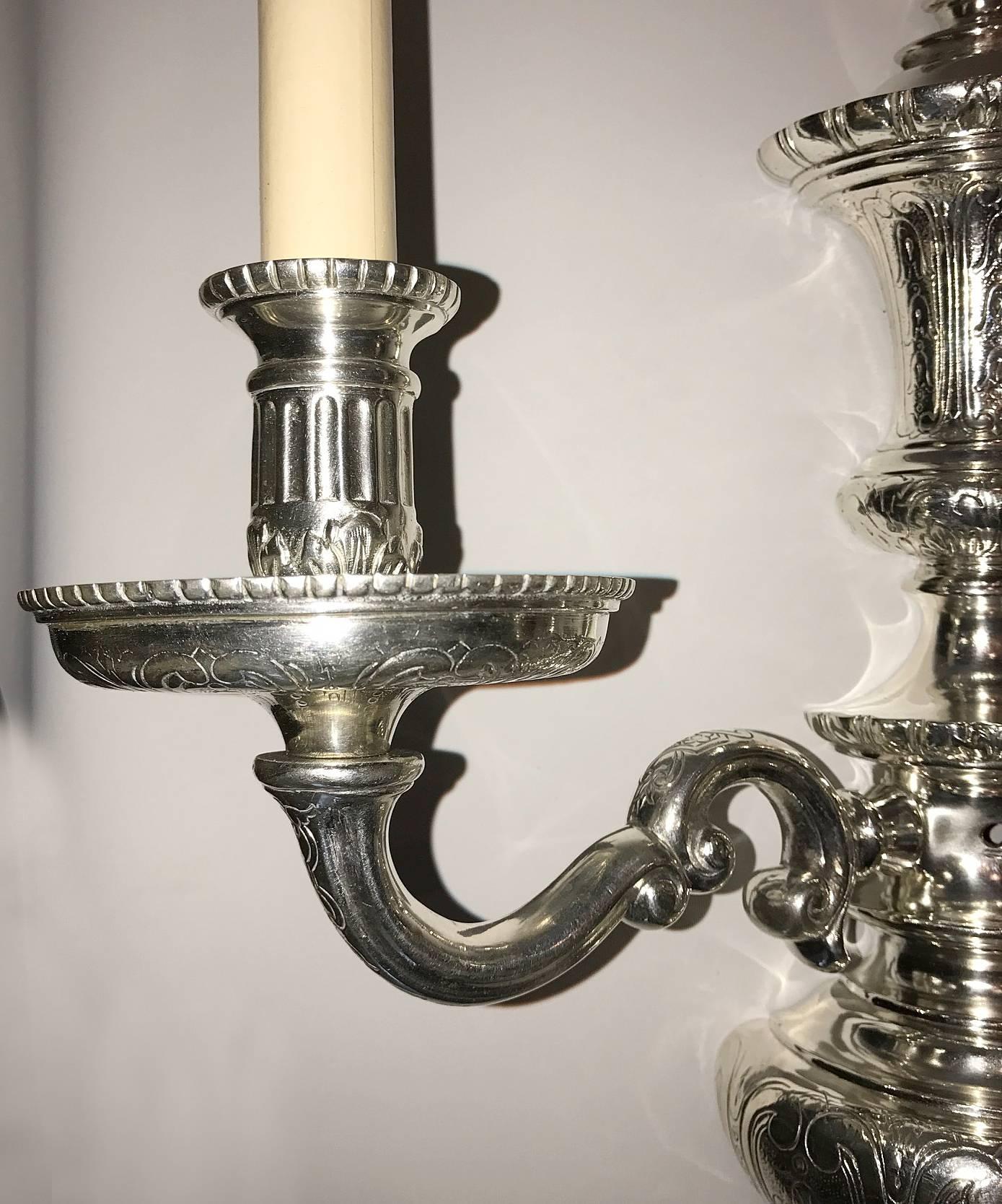 European Pair of Neoclassic Silver Plated Sconces For Sale