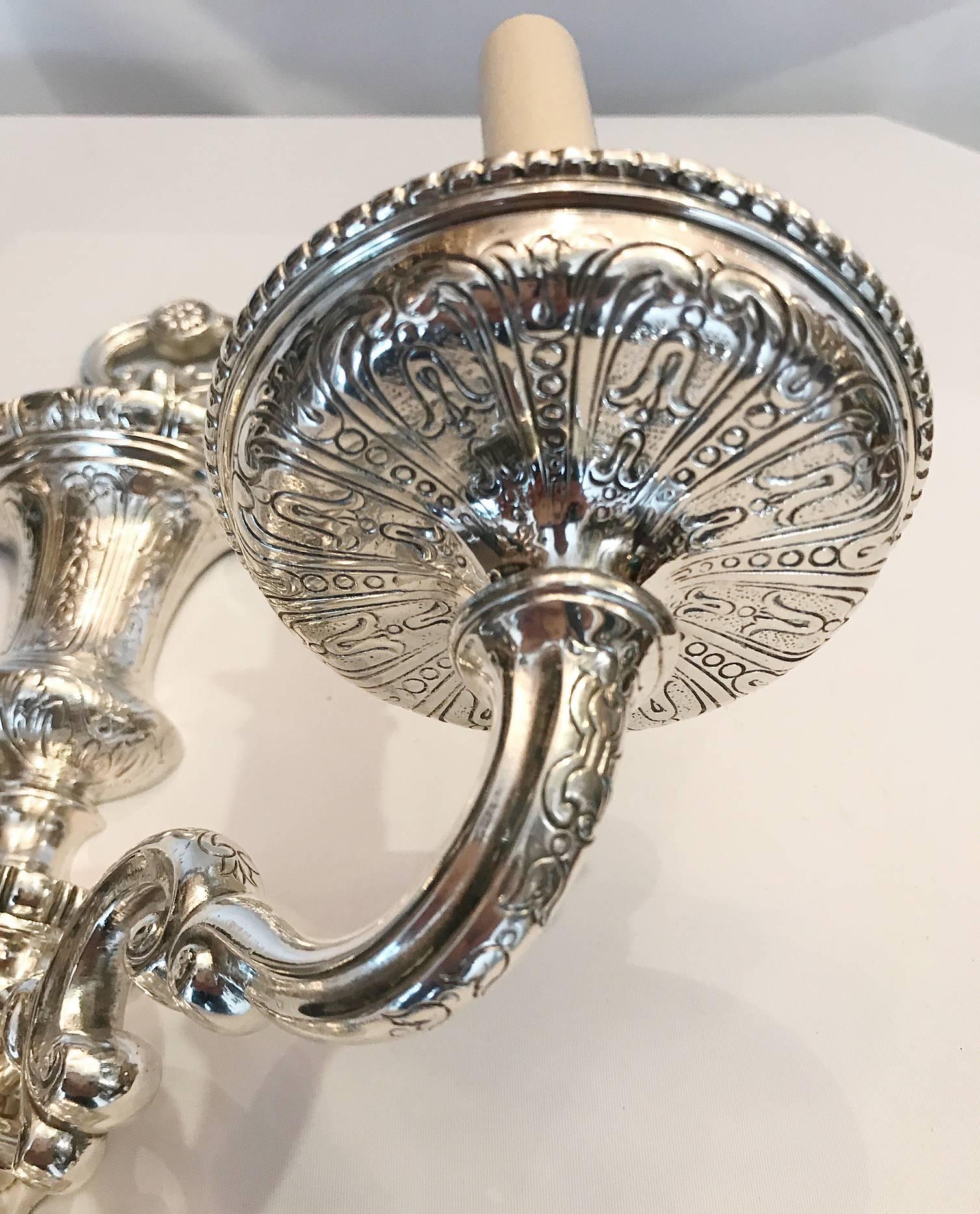Pewter Pair of Neoclassic Silver Plated Sconces For Sale