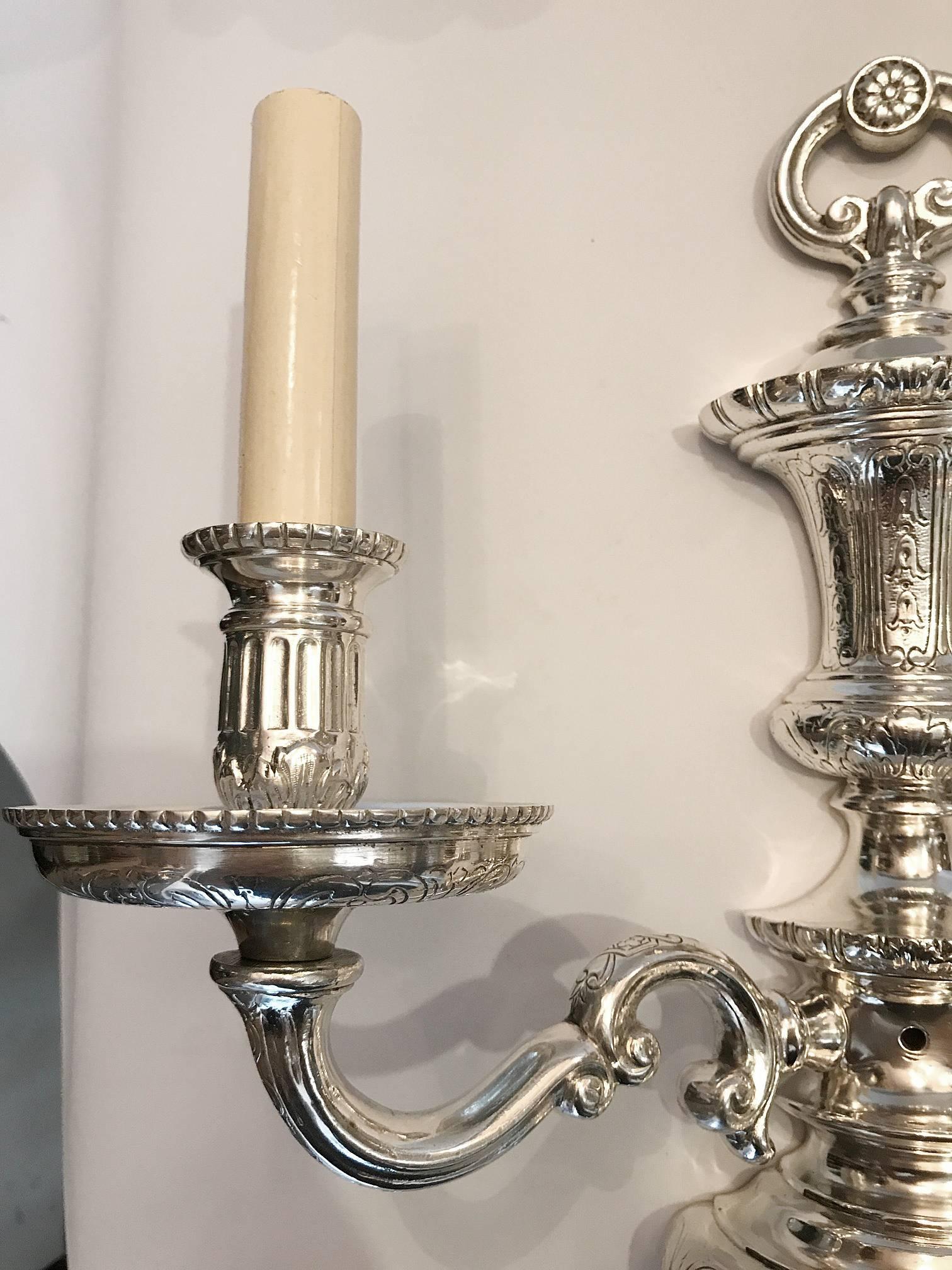 Pair of Neoclassic Silver Plated Sconces For Sale 1