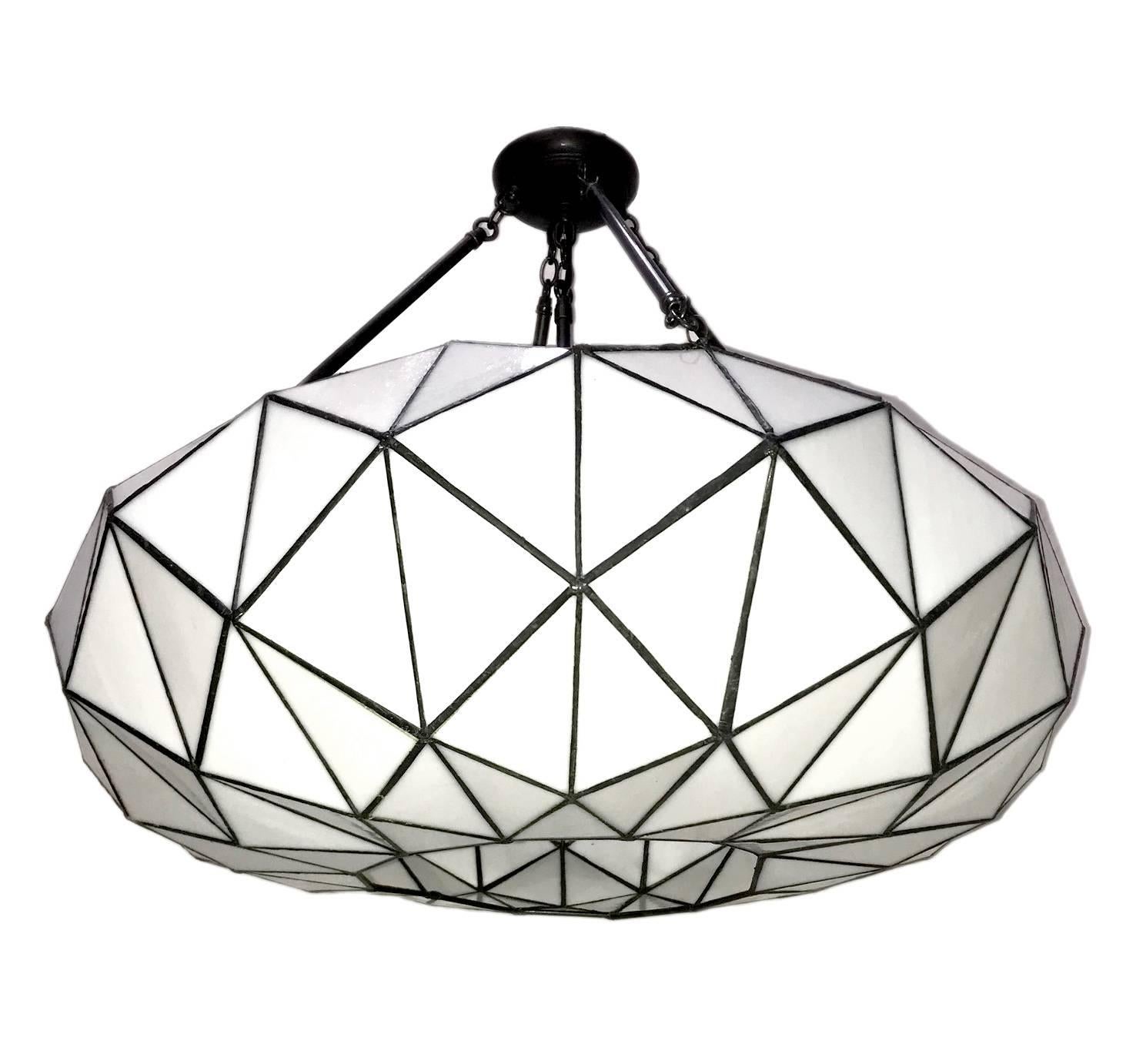 A French large polyhedral leaded glass light fixture with six interior lights, circa 1940s. 

Measurements:
35