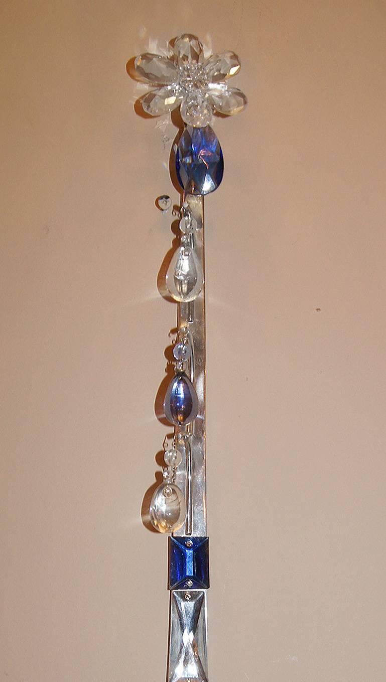 French Set of Silver Plated Sconces With Blue Crystals, Sold per Pair For Sale