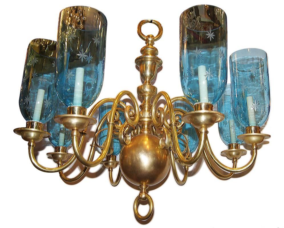 Bronze Chandelier with Etched Glass Hurricanes In Excellent Condition For Sale In New York, NY