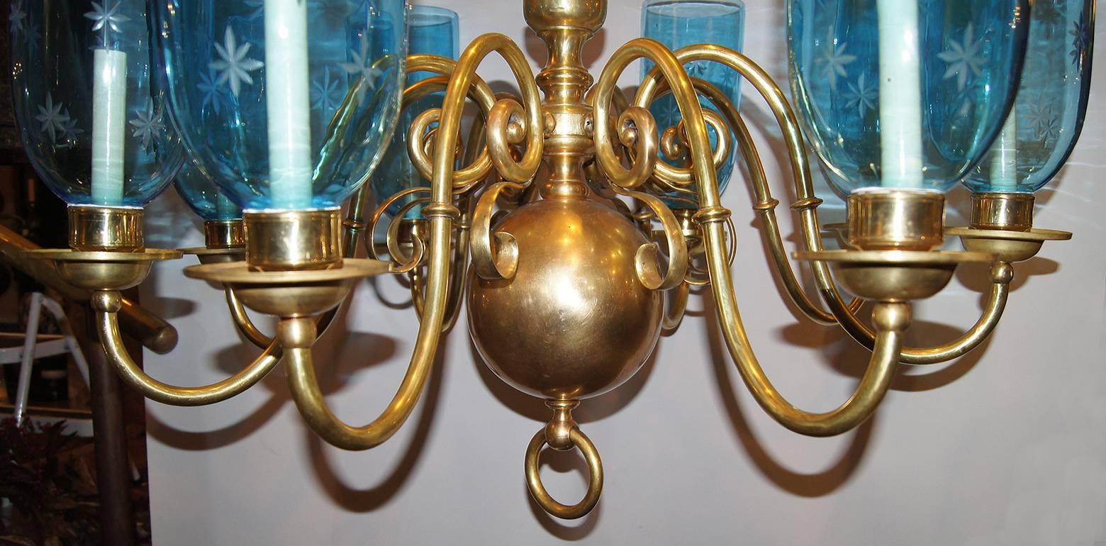 English Bronze Chandelier with Etched Glass Hurricanes For Sale