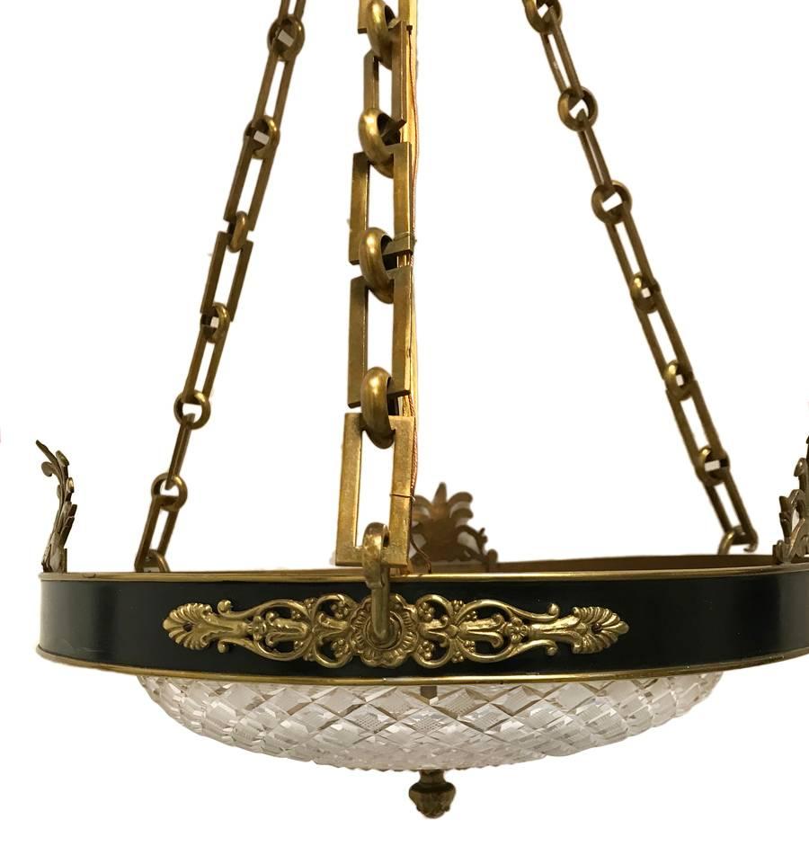 French Gilt Bronze Tole Chandelier with Crystal Inset