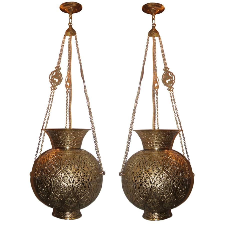 Pair of Hammered and Pierced Arabesque Lanterns, Sold Individually  For Sale