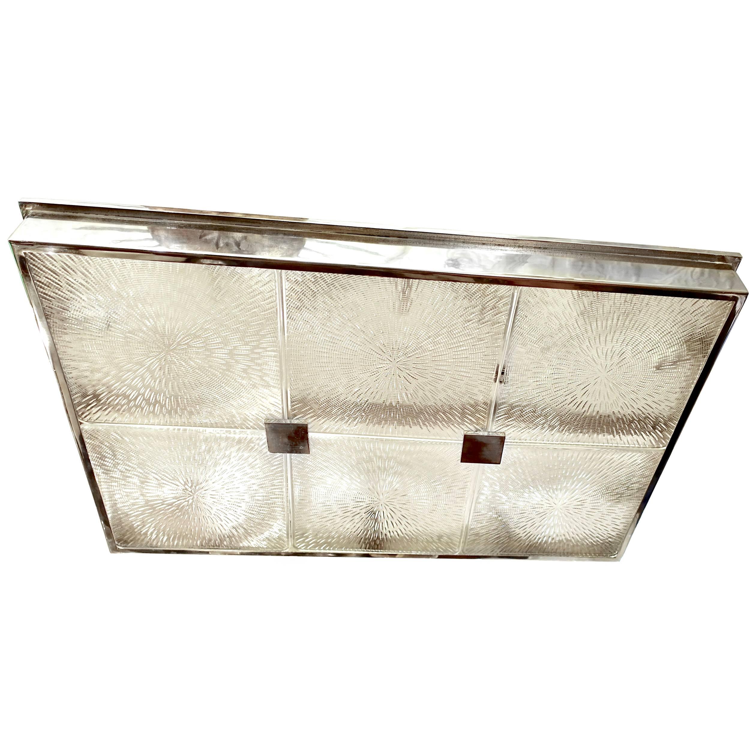 Large Nickel-Plated and Molded Glass Light Fixture For Sale