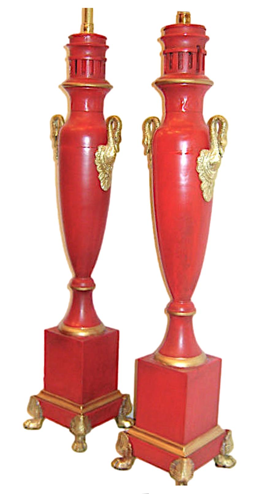 Hand-Painted Pair of Large Empire Red Tole Lamps For Sale