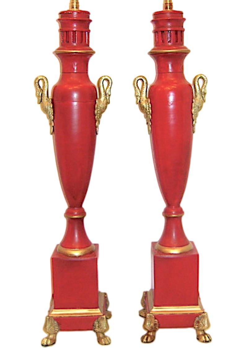Pair of Large Empire Red Tole Lamps In Good Condition For Sale In New York, NY
