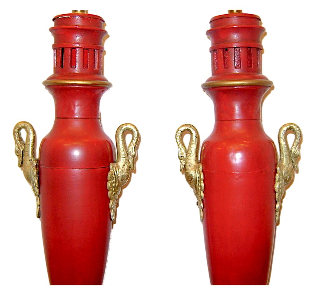 19th Century Pair of Large Empire Red Tole Lamps For Sale