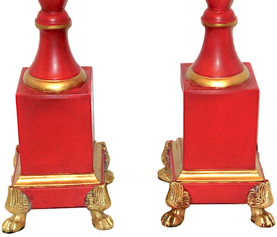 Metal Pair of Large Empire Red Tole Lamps For Sale