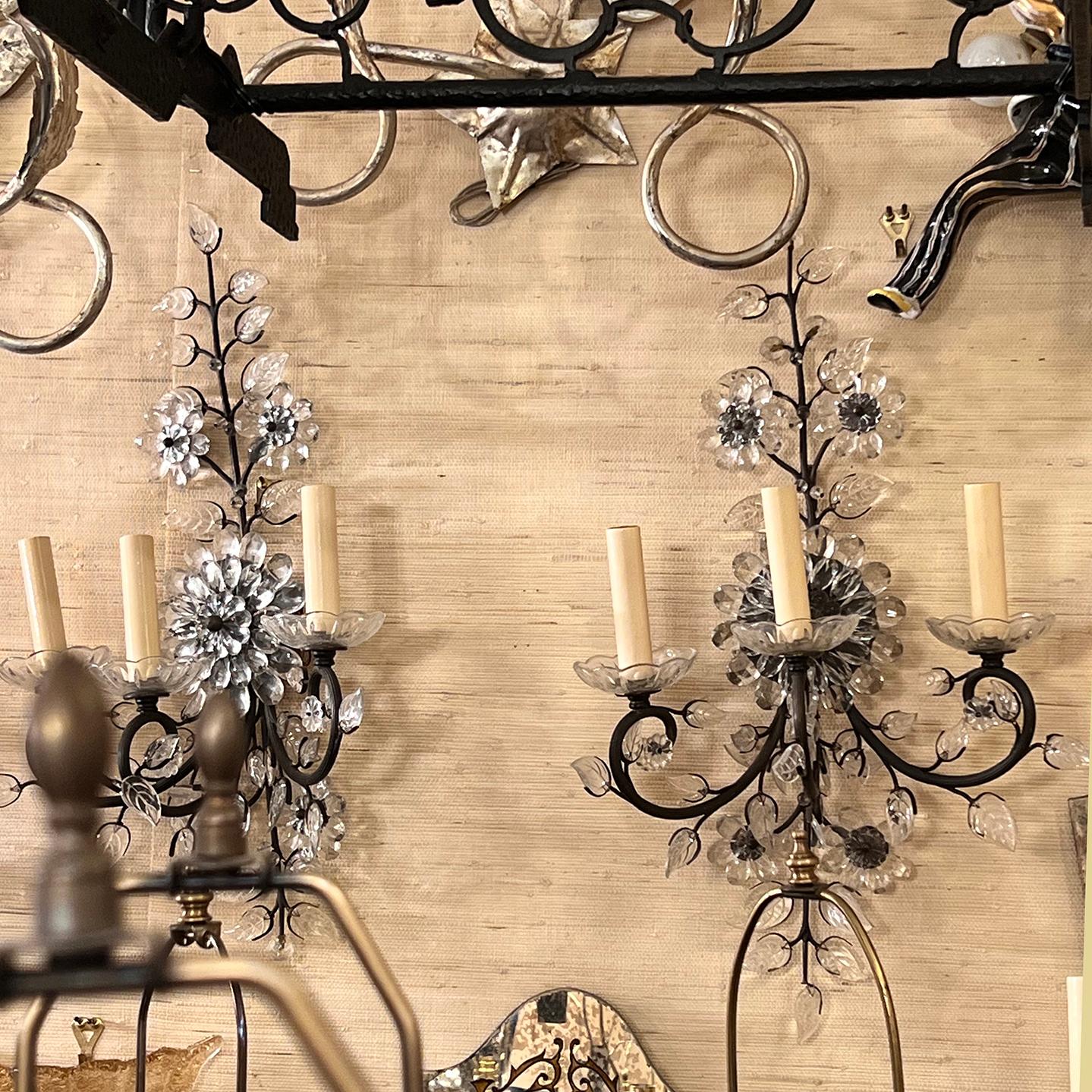 Pair of Patinated Bronze Sconces with Glass Leaves and Flowers For Sale 1