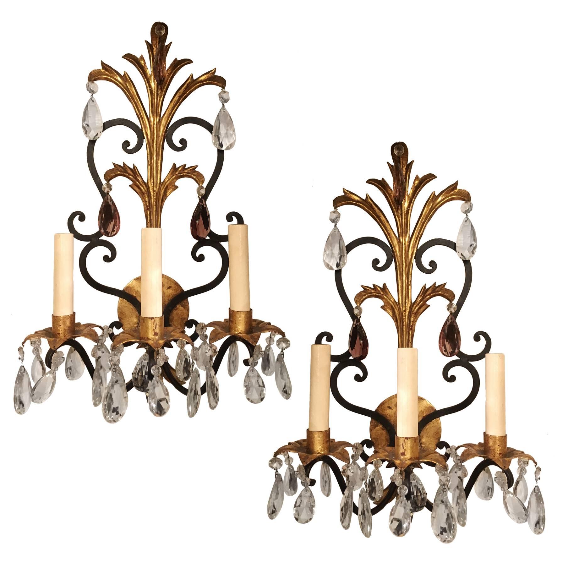 Gilt Metal Sconces with Amethyst Crystal Drops For Sale